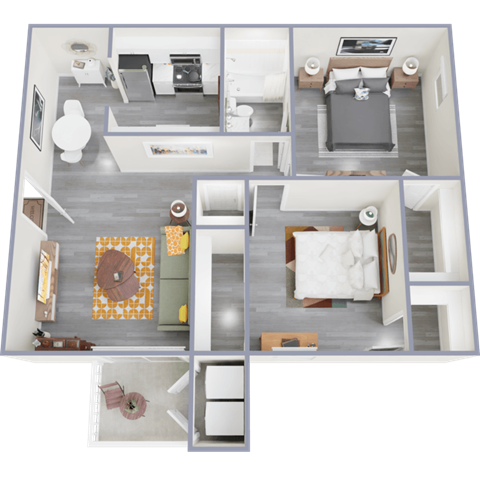 Floor plan for 2 beds, 1 bath, 864 sqft